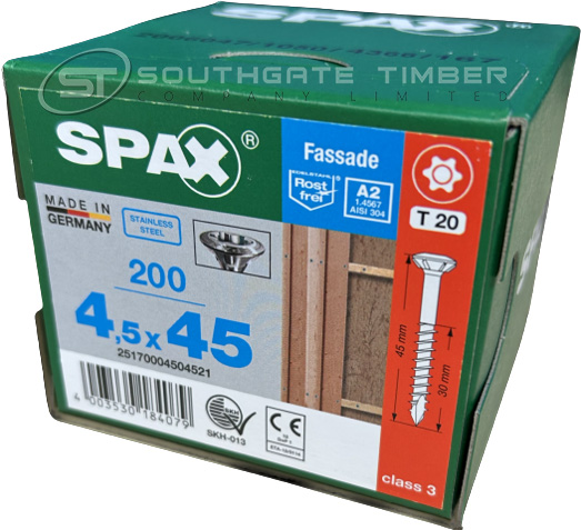 Spax Stainless 4.5 x 45mm x 200 box facade screw