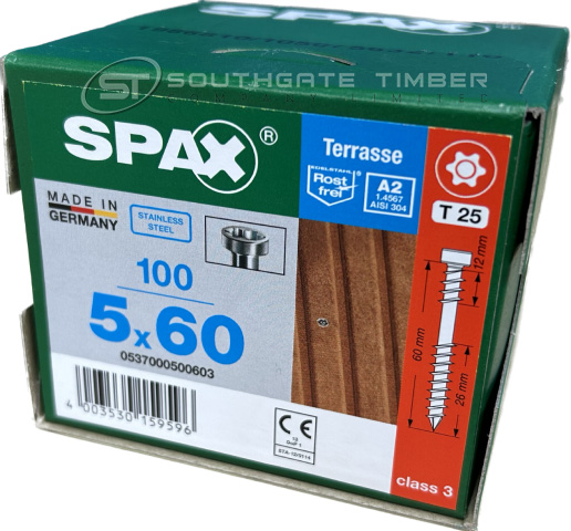 Spax Stainless 5.0 x 60mm x 100 box decking screw