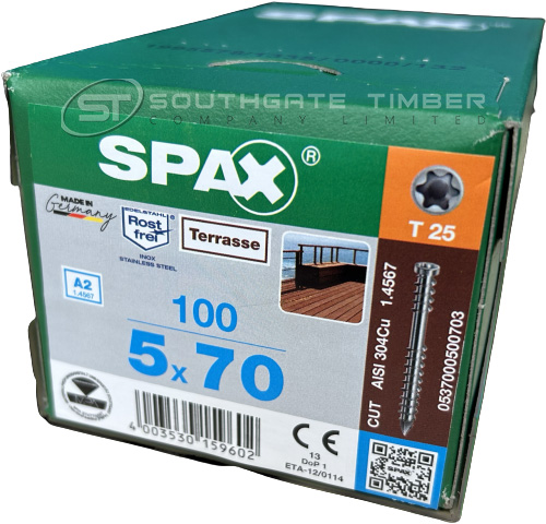 Spax Stainless 5.0 x 70mm x 100 box decking screw