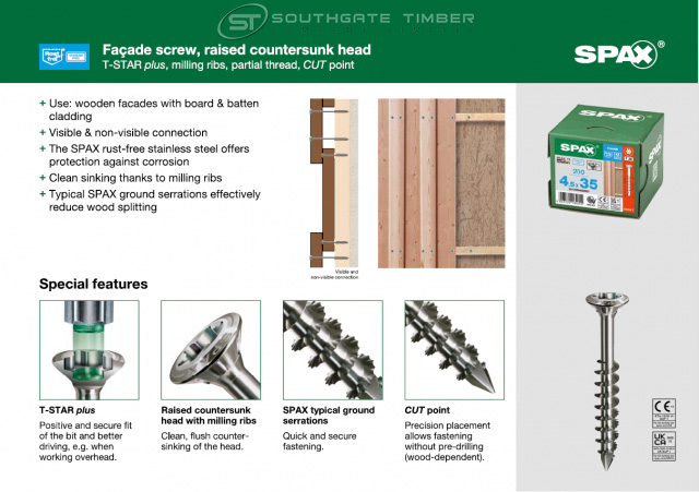 Spax Stainless 4.5 x 45mm x 200 box facade screw